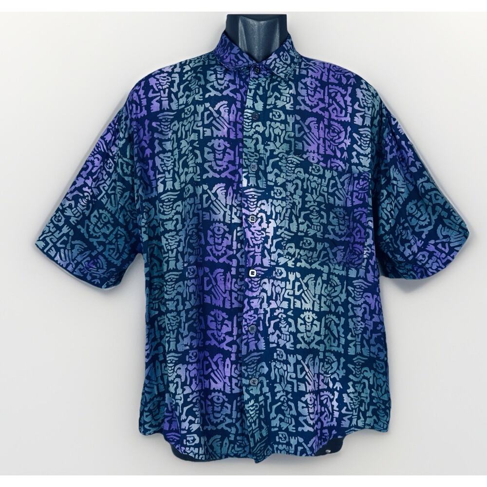 VTG 90s Nomadic Trader Bali Art MED Button Purple Green Batik Native Block Print